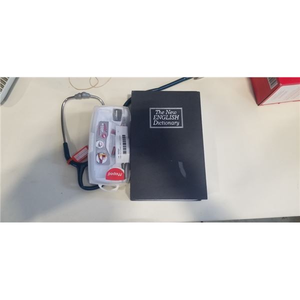 FAKE DICTIONARY SAFE ( LOCK BOX) UNLOCKED, NO COMBO AND STETHOSCOPE, RETRACTOR SET