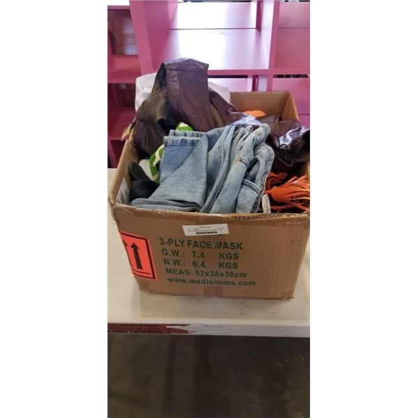 BOX OF WOMENS CLOTHING, SOME WITH TAGS LEATHER VEST AND MORE
