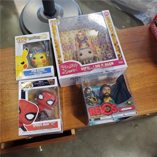 4 NEW COLLECTIBLE POP FIGURES, INCLUDING BRITNEY SPEARS AND PIKACHU, SPIDERMAN AND REVOS AQUAMAN