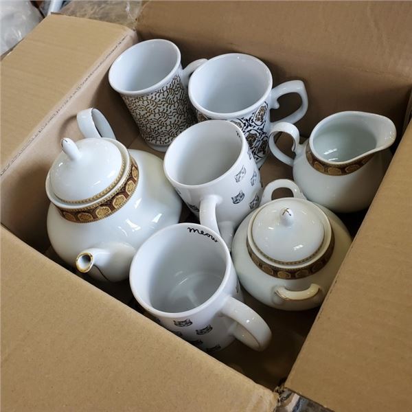 TEA POT, CREAM AND SUGAR PLUS MUGS