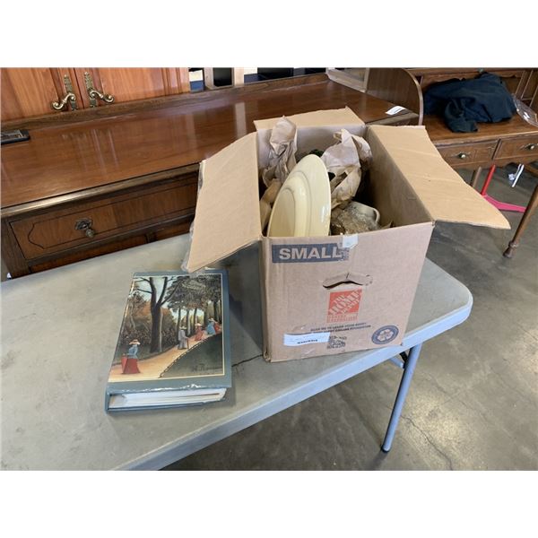 BINDER OF VINTAGE POSTCARDS WITH BOX OF COLLECTIBLES