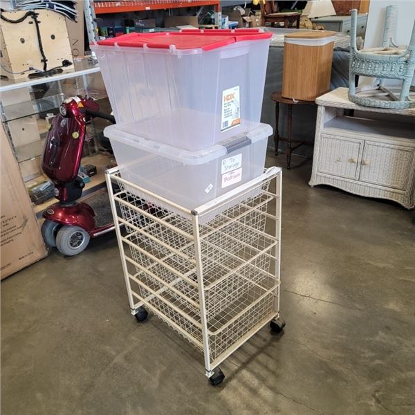 ROLLING WIRE BASKET DRAWERS AND 2 STORAGE TOTES