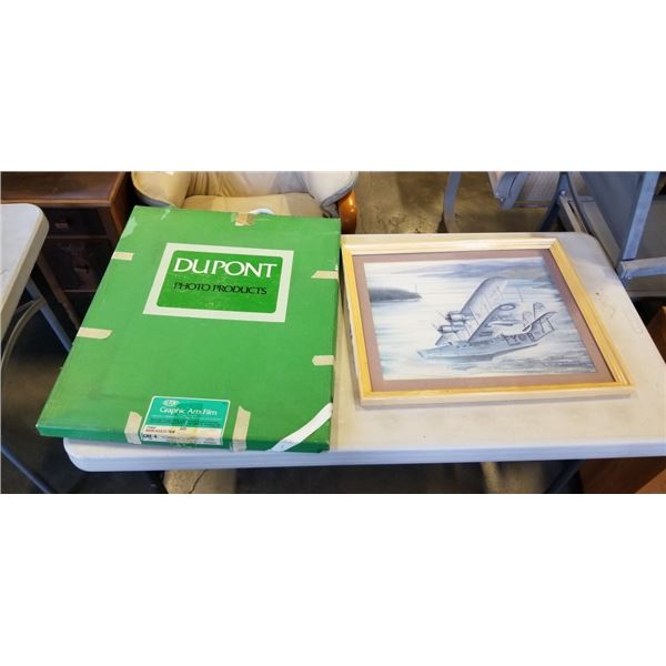 AIRPLANE PRINT, AND BOX OF VINTAGE PRINTS AND ADVERTISEMENTS