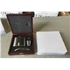 Image 1 : 2 BRAND NEW FLASK SETS - STAINLESS STEEL FLASK, SHOT GLASS, FUNNEL, AND CORKSCREW