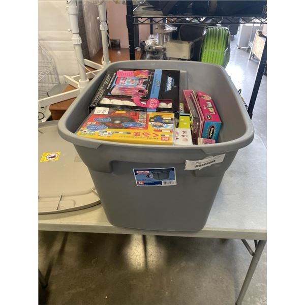TOTE OF ASSORTED NEW KIDS TOYS AND GAMES
