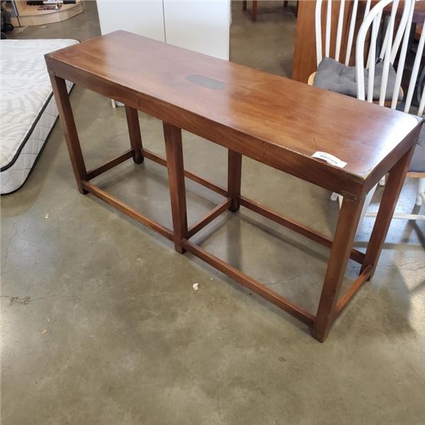 MCM WALNUT HALL TABLE WITH BRASS CORNERS 54 INCH LONG