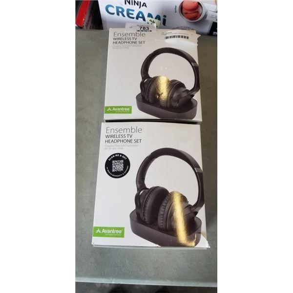 2 PAIRS OF AVANTREE WIRELESS TV HEADSETS, WITH CHARGING DOCK TRANSMITTER