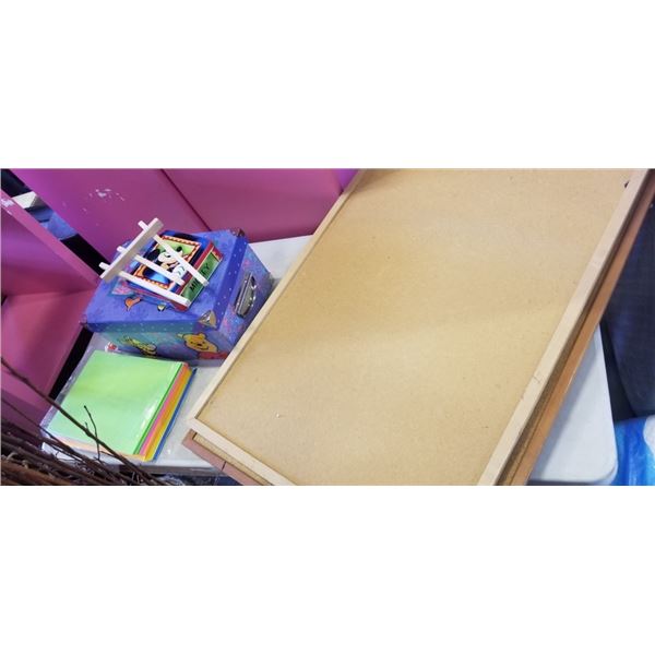 LOT OF ART SUPPLIES, 3 CORKBOARDS AND CHALKBOARD