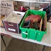 Image 1 : GREEN TOTE WITH ASSORTED WOOD DECOR ITEMS AND BOX OF GLASSWARE