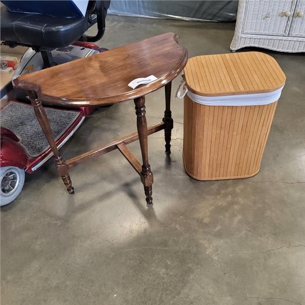 ANTIQUE D-TABLE, LAUNDRY HAMPER