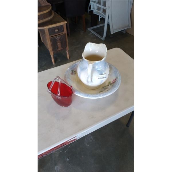 ART GLASS AND PITCHER WITH BOWL