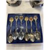 Image 2 : SILVER PLATE TEAPOT, CREAM AND SUGAR, AND 6 COLLECTOR SPOONS