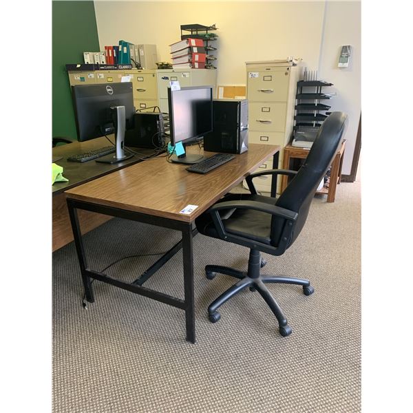BROWN 5' LONG WOODEN TOP WITH METAL LEGS OFFICE DESK & A BLACK LEATHER HIGH BACK OFFICE CHAIR