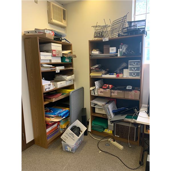 3 BROWN WOODEN BOOKSHELVES WITH ASSORTED OFFICE CONTENTS INCLUDING A MILWAUKEE BATTERY CHARGER,