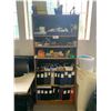 Image 2 : 3 BROWN WOODEN BOOKSHELVES WITH ASSORTED OFFICE CONTENTS INCLUDING A MILWAUKEE BATTERY CHARGER,
