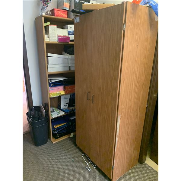 WOODEN 2 DOOR STORAGE CABINET 29"W X 19"D X 71"H & A WOODEN 5 TIER BOOKSHELF * CONTENTS INCLUDED *
