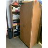 Image 1 : WOODEN 2 DOOR STORAGE CABINET 29"W X 19"D X 71"H & A WOODEN 5 TIER BOOKSHELF * CONTENTS INCLUDED *