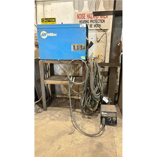 MILLER DELTAWELD 452 WELDING POWERSOURCE ON  STEEL STAND WITH MILLER 70 SERIES 24V WIRE FEEDER &