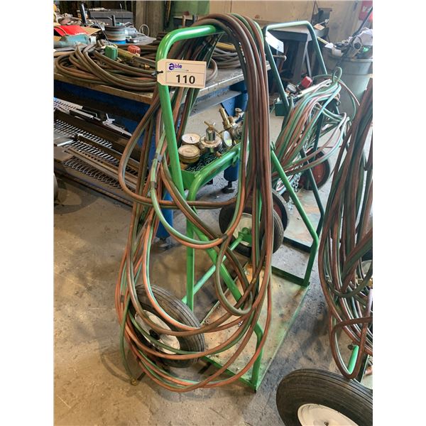 GREEN OXY ACETYLENE WELDERS DOLLY WITH TORCH, GAUGES & HOSE LINES