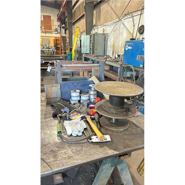 GROUP OF ASSORTED WELDERS ACCESSORIES, TAPE MEASURES, WOOD TOOL BOX, ETC.