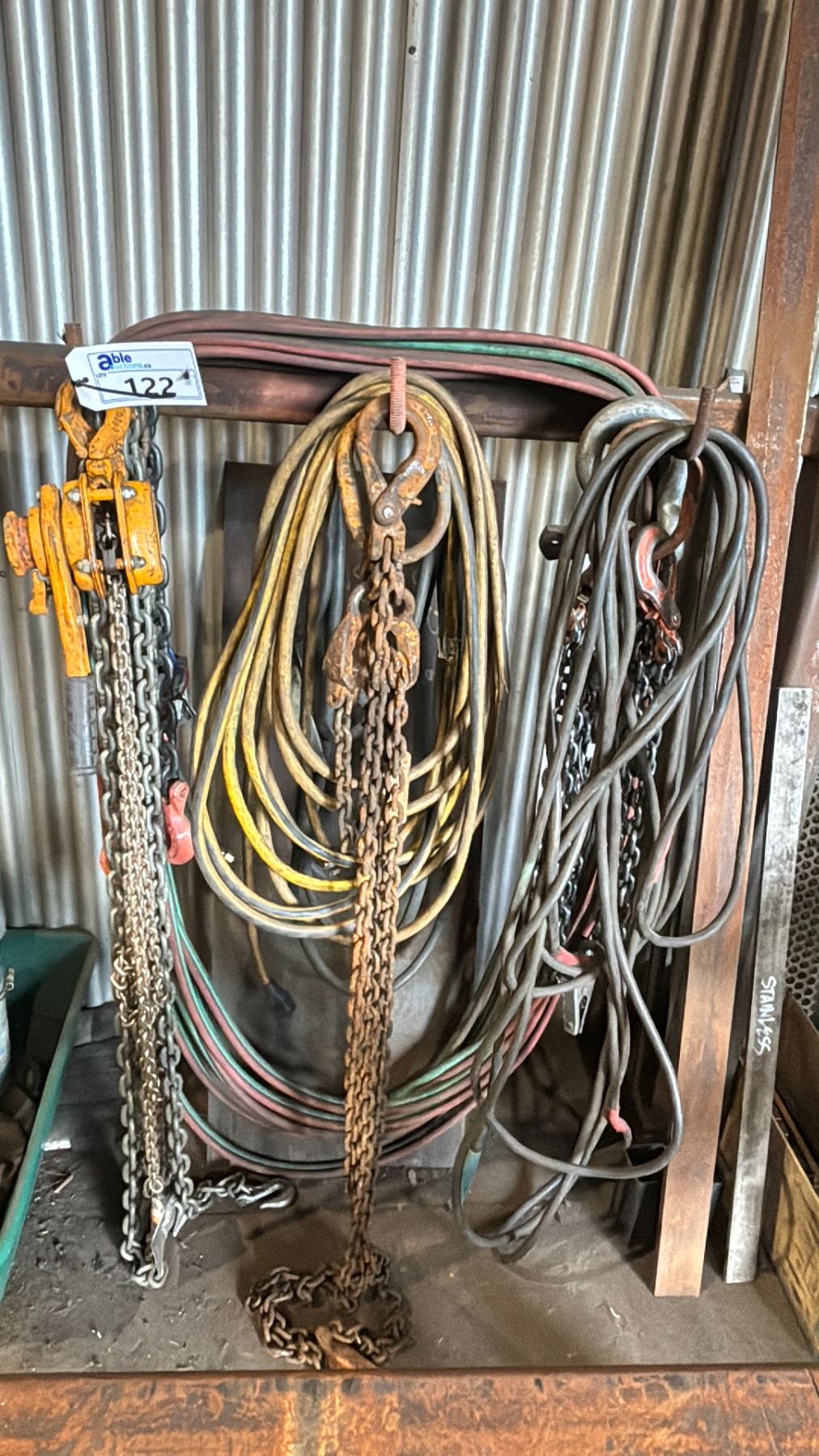 GROUP OF RIGGING CHAINS, OXY ACETYLENE LINES, EXTENSIONS CORD AND ...