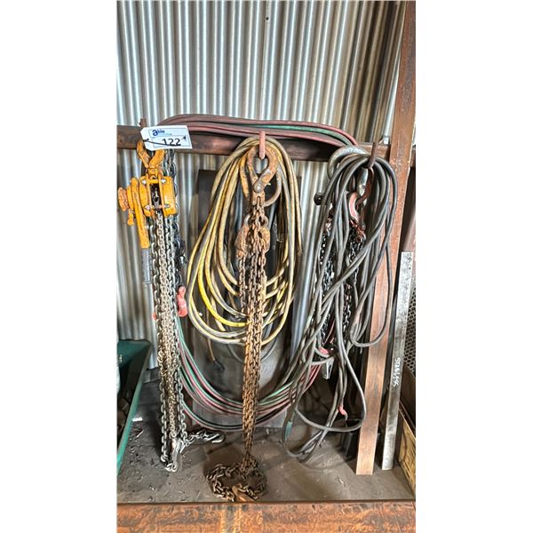 GROUP OF RIGGING CHAINS, OXY ACETYLENE LINES, EXTENSIONS CORD AND JUMPER CABLES