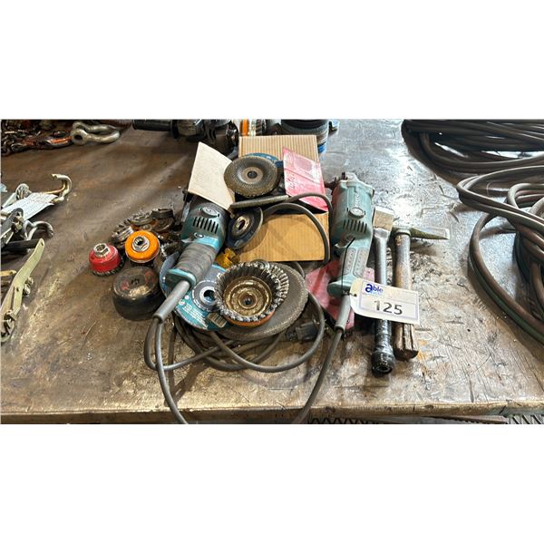 2 MAKITA GRINDERS WITH ASSORTED GRINDING DISCS AND BRUSHES