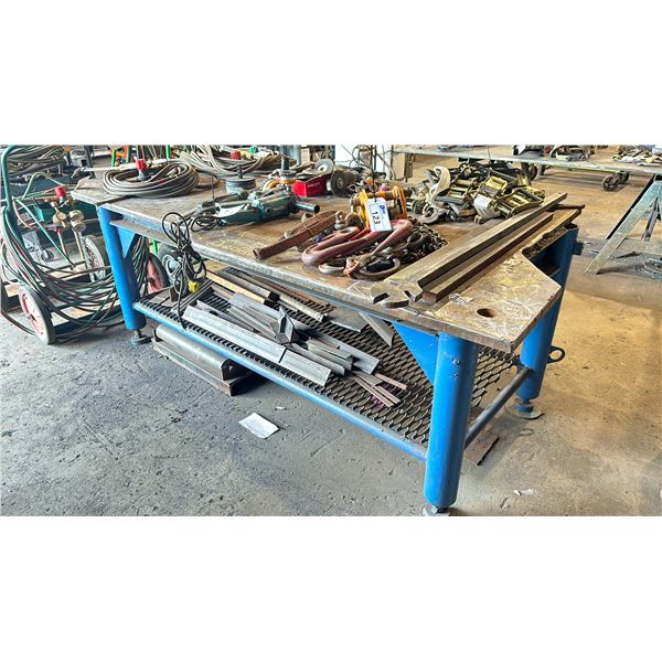 METAL SHOP STEEL WORK TABLE - 1" THICK TOP, APPROX 8FT ACROSS X 4FT WIDE X 3FT HIGH
