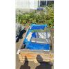 Image 1 : CRATE OF ASSORTED INDUSTRIAL TARPS, PLASTIC FOLDING SAWHORSE & A WOODEN 4 WHEEL DOLLY