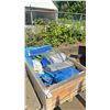 Image 2 : CRATE OF ASSORTED INDUSTRIAL TARPS, PLASTIC FOLDING SAWHORSE & A WOODEN 4 WHEEL DOLLY