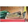 Image 5 : SHELF LOT OF ASSORTED LUBRICANTS, OXYACETYLENE HOSES, SURVEYORS, TRIPOD, CANVAS TARPS, GAUGES &