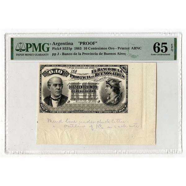 Banco de la Provincial Buenos Aires, 1883, "Top Pop". Proof Banknote