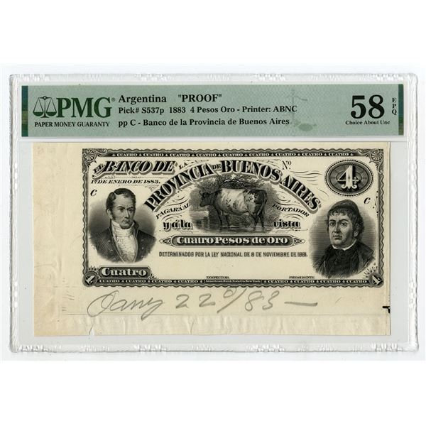 Banco de la Provincial Buenos Aires, 1883, "Top Pop". Proof Banknote
