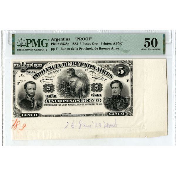 Banco de la Provincial Buenos Aires, 1883, Proof Banknote