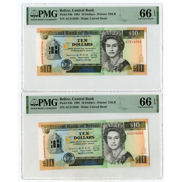Central Bank of Belize, 1991, High Grade Sequential Pair of Issued Banknotes