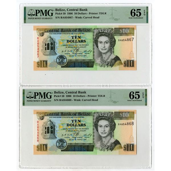 Central Bank of Belize, 1996, Sequential Pair of Issued Banknotes