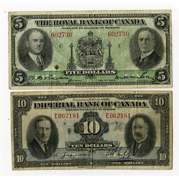 Royal Bank of Canada & Imperial Bank of Canada, 1935 & 1939, Issued Banknote Pair