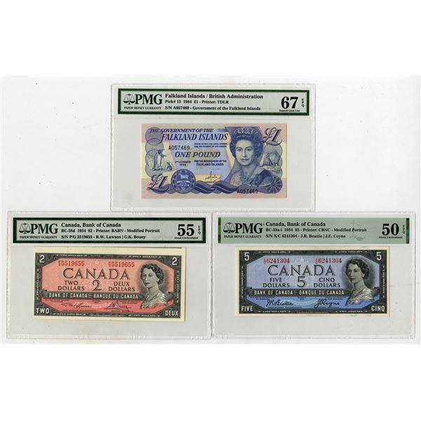 Canada & Falkland Islands, 1954 and 1984, Lot of 3 Issued Banknotes