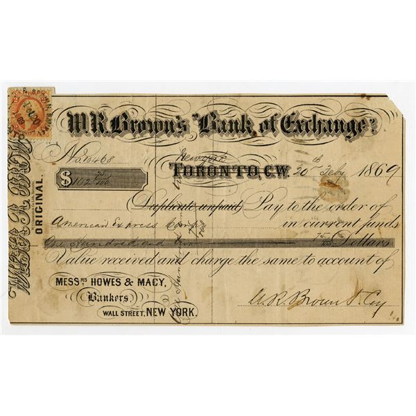 W.R. Brown's "Bank of Exchange," 1869 Issued Draft Signed by James C. Fargo with California & U.S. R