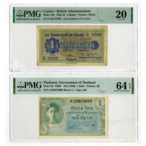 Ceylon & Thailand Issued Banknote Pair, 1927 to 1946