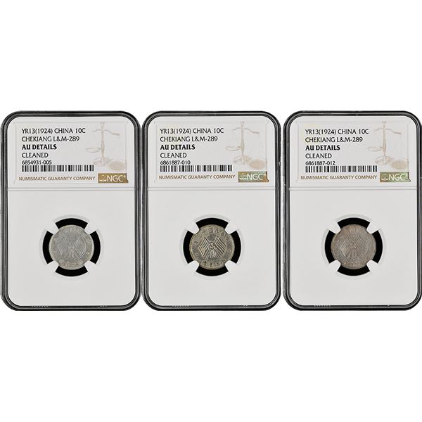 China: Chekiang Province, Trio of 10 Cents, Year 13 (1924), Silver, L&M-289, K-769; KM-Y-371, NGC Gr