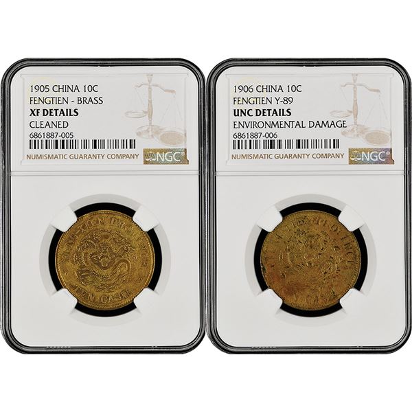 China: Fengtien Province, Pair of 10 Cash, 1905 & 1906, Brass, Y-89,  NGC Graded XF & UNC Details.