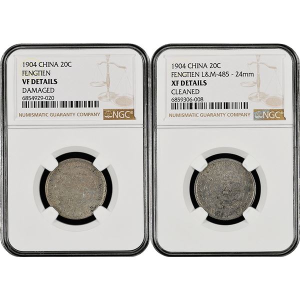 China: Fengtien Province, Pair of 1 Mace 4.4 Candareens (20 Cents), Silver, 1904, L&M-485, Y-91, NGC
