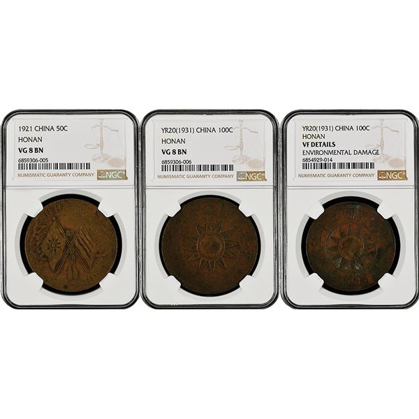 China: Honan Province, Trio of 50 and 100 Cash Coins, 1921-1931, Copper, Y-394 & 398, NGC Graded VG 