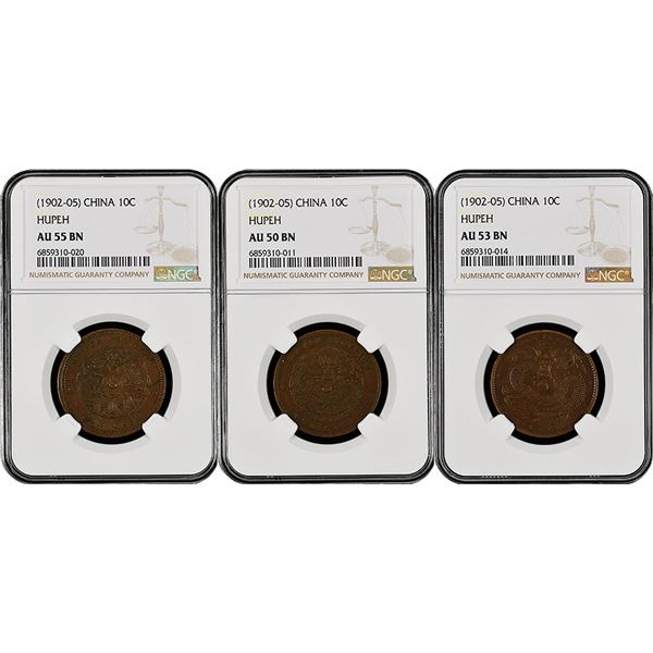 China: Hupeh Province, Trio of 10 Cash, (1902-05), Copper, Y-120, NGC Graded AU 50 BN, AU 53 BN, and