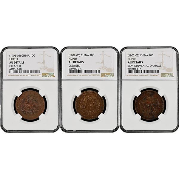 China: Hupeh Province, Trio of 10 Cash, (1902-05), Copper, Y-122, NGC Graded AU DETAILS.