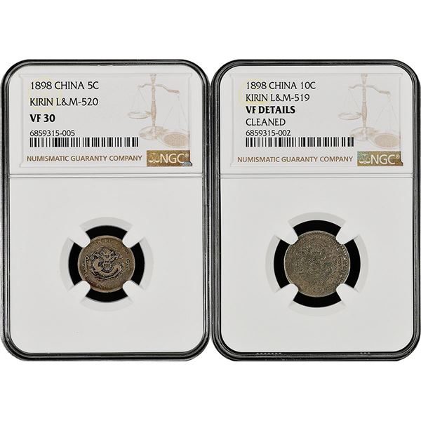 China: Kirin Province, Pair of 5 and 10 Cents, 1898, Silver, L&M-520 and 519, NGC Graded VF.
