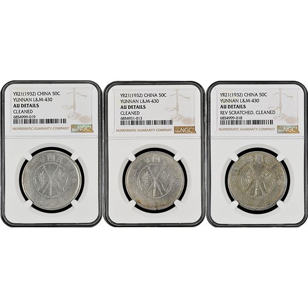 China: Yunnan Province, Trio of 3 Mace 6 Candareens (50 Cents), Year 21 (1932), Silver, L&M-430, NGC
