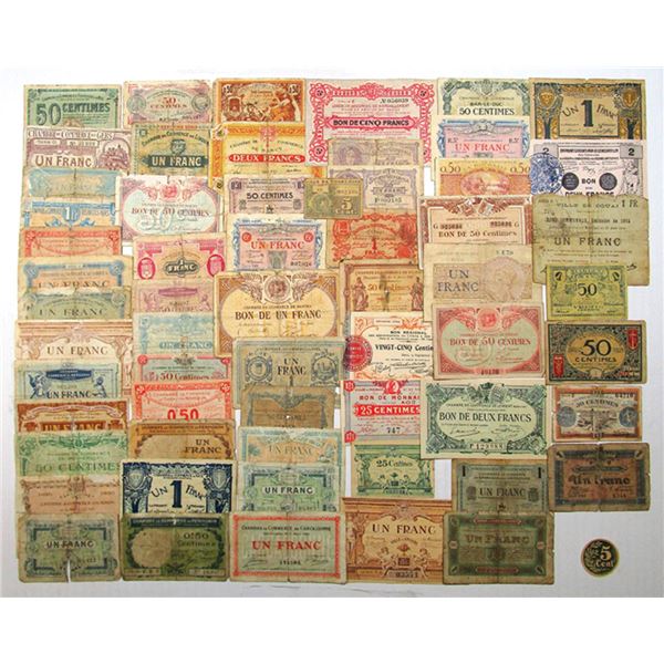 Local French and Belgium City Assortment of Issued Notgeld Banknote Scrip, 1913 to 1923