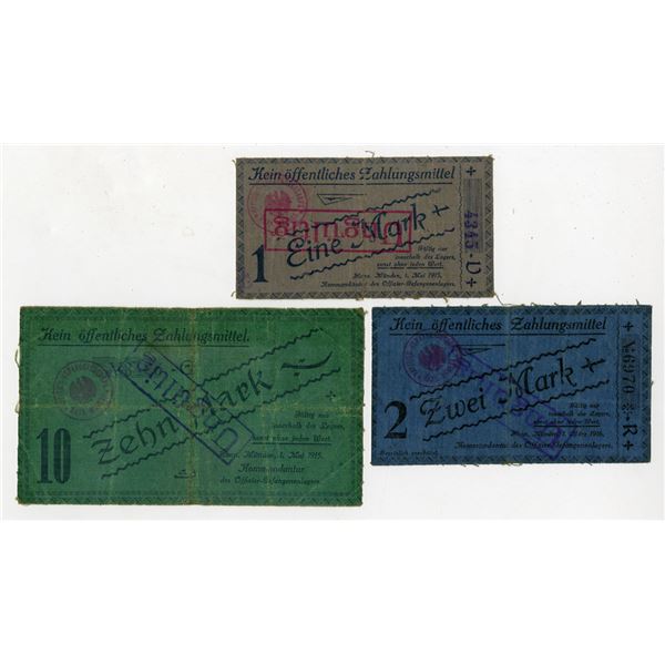 Germany, Colberg Officer POW Camp, 1915 Linen Notgeld Trio